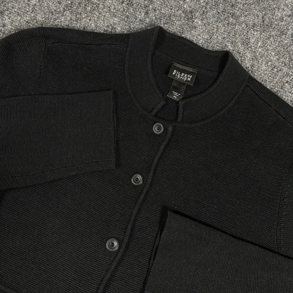 Eileen Fisher Black Half Button Mandarin Collar Silk Blend Cardigan Size PS